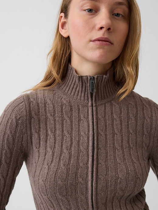 Image number 4 showing, CashSoft Cable-Knit Crop Zip Cardigan