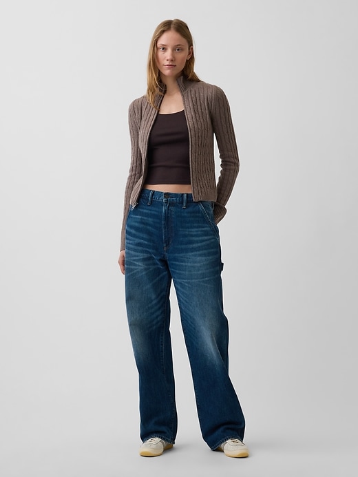 Image number 2 showing, CashSoft Cable-Knit Crop Zip Cardigan