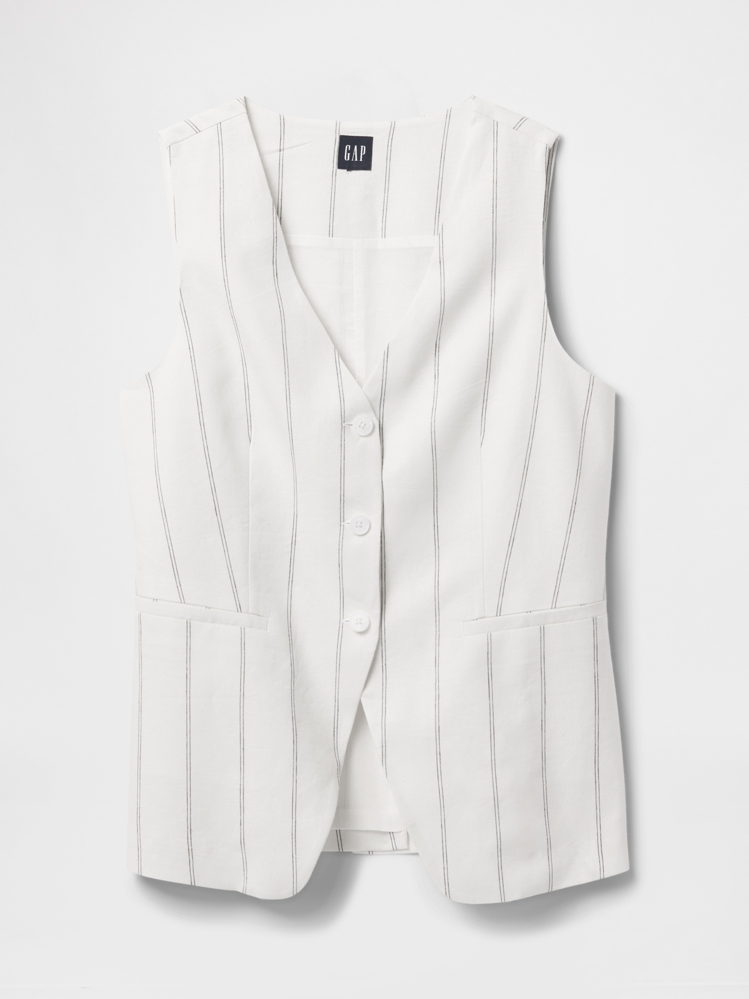 Женский жилет Gap Linen-Blend Longline Vest, цвет: Белый нейтральный полосатый — фото 5