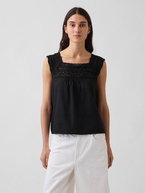 Linen-Blend Crochet Square-Neck Top