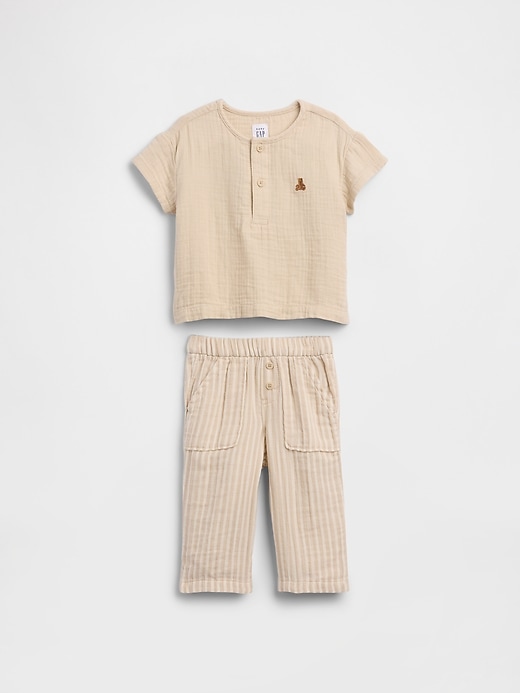 Image number 1 showing, Baby Cotton Gauze Henley Outfit Set