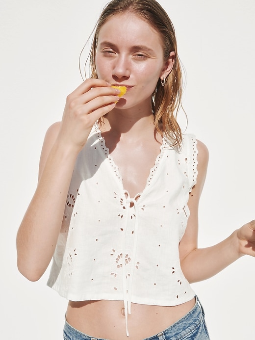 Image number 6 showing, Linen-Blend Embroidered Crop Shell Tank Top