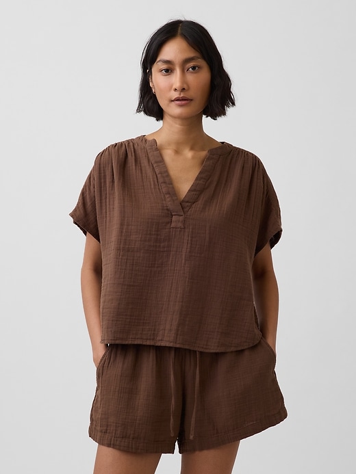 Image number 1 showing, Cotton Gauze Oversized Split-Neck Top