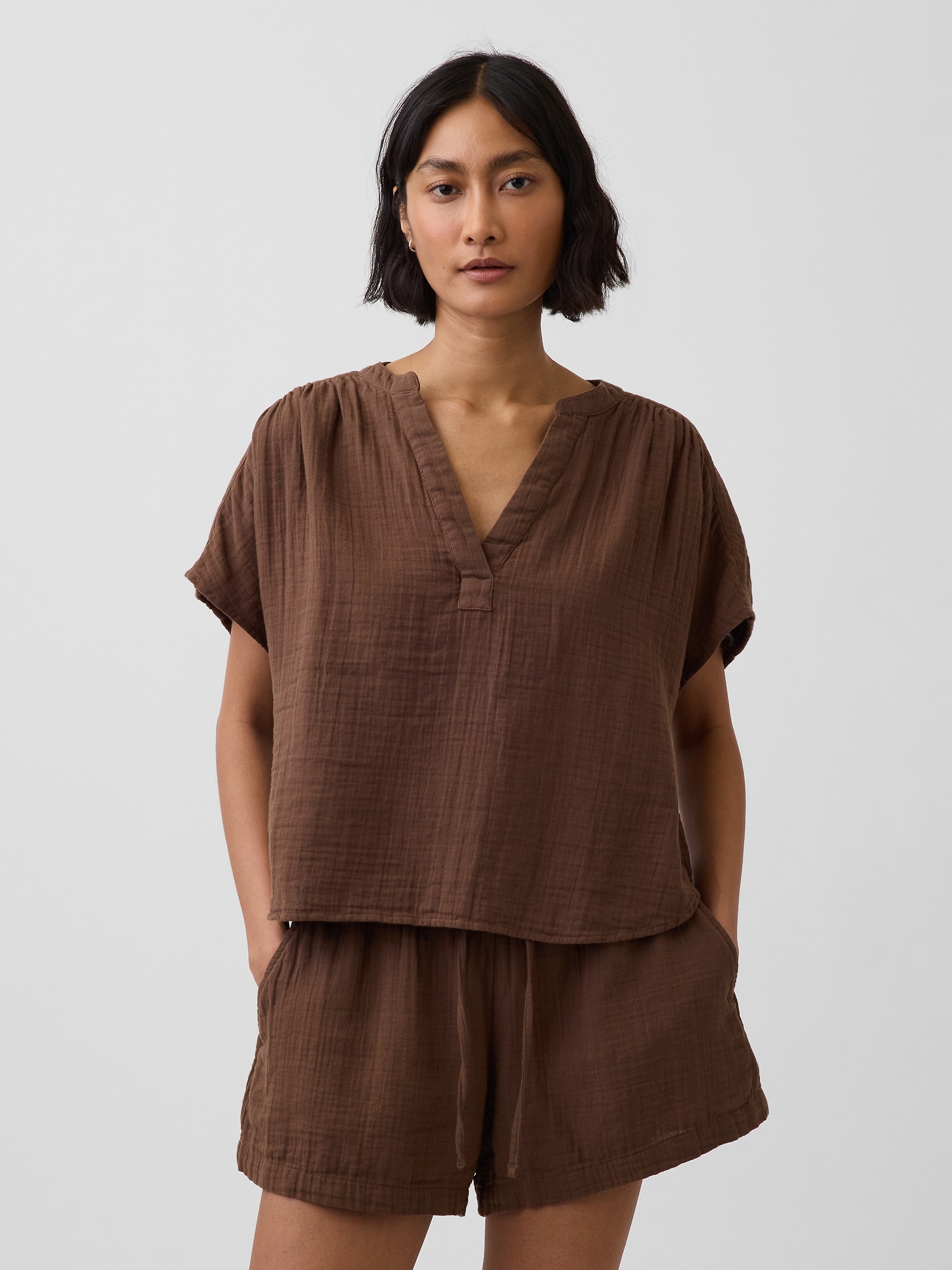 Cotton Gauze Oversized Split-Neck Top