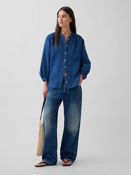 Image number 2 showing, Cotton Gauze Denim Oversized Collarless Shirt