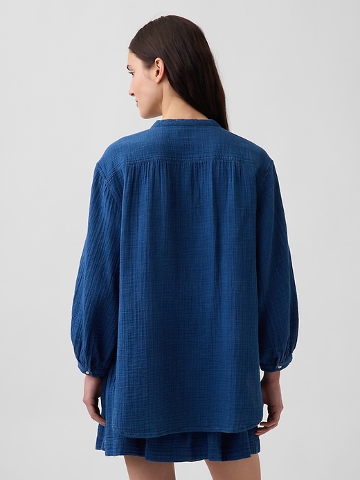 Image number 3 showing, Cotton Gauze Denim Oversized Collarless Shirt