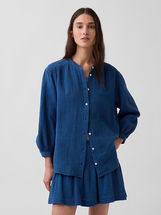 Image number 1 showing, Cotton Gauze Denim Oversized Collarless Shirt