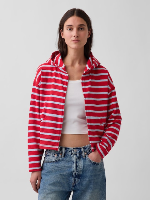 Towel Terry Oversized Stripe Zip Hoodie