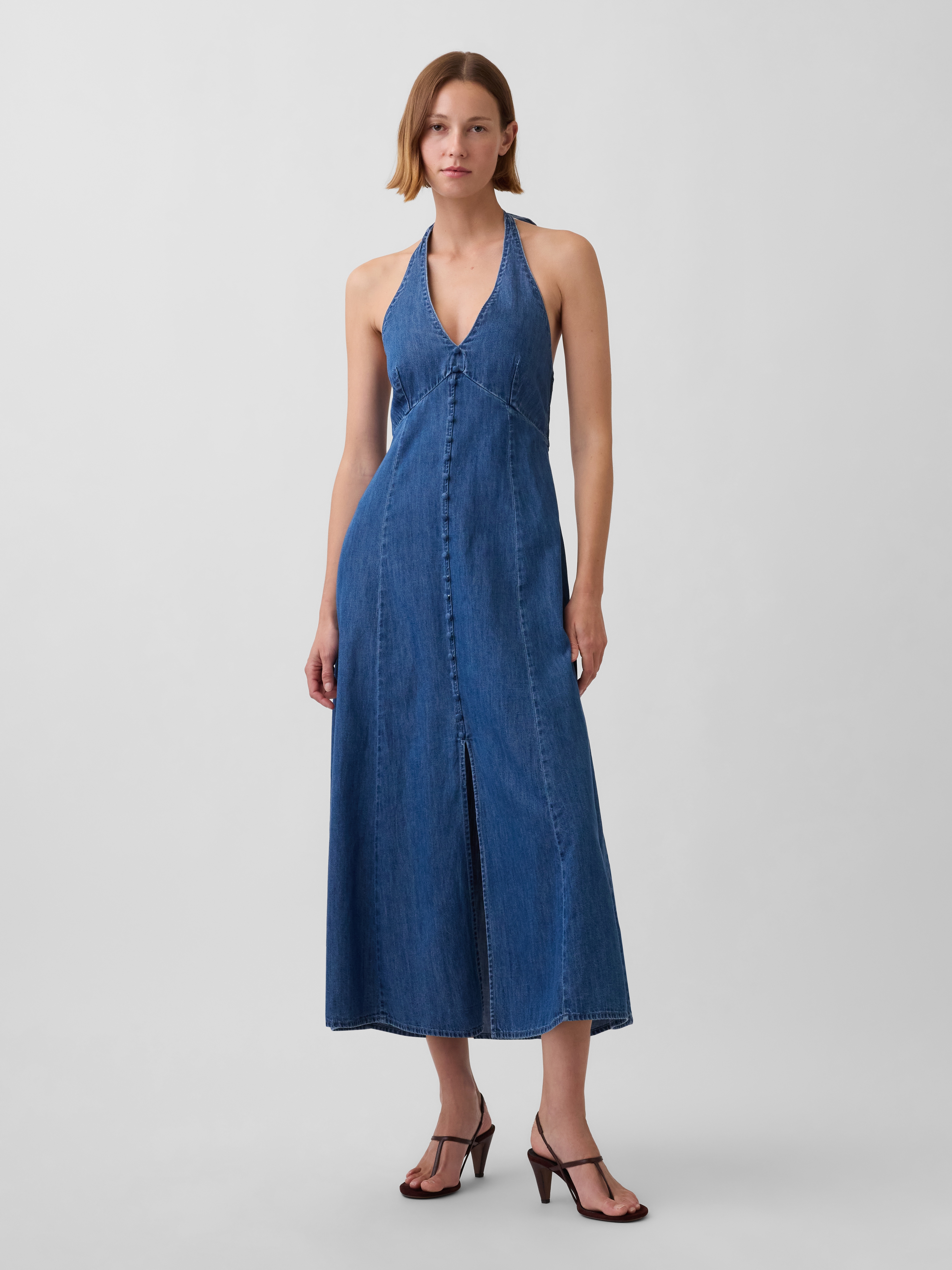 Linen-Blend Halter Maxi Dress