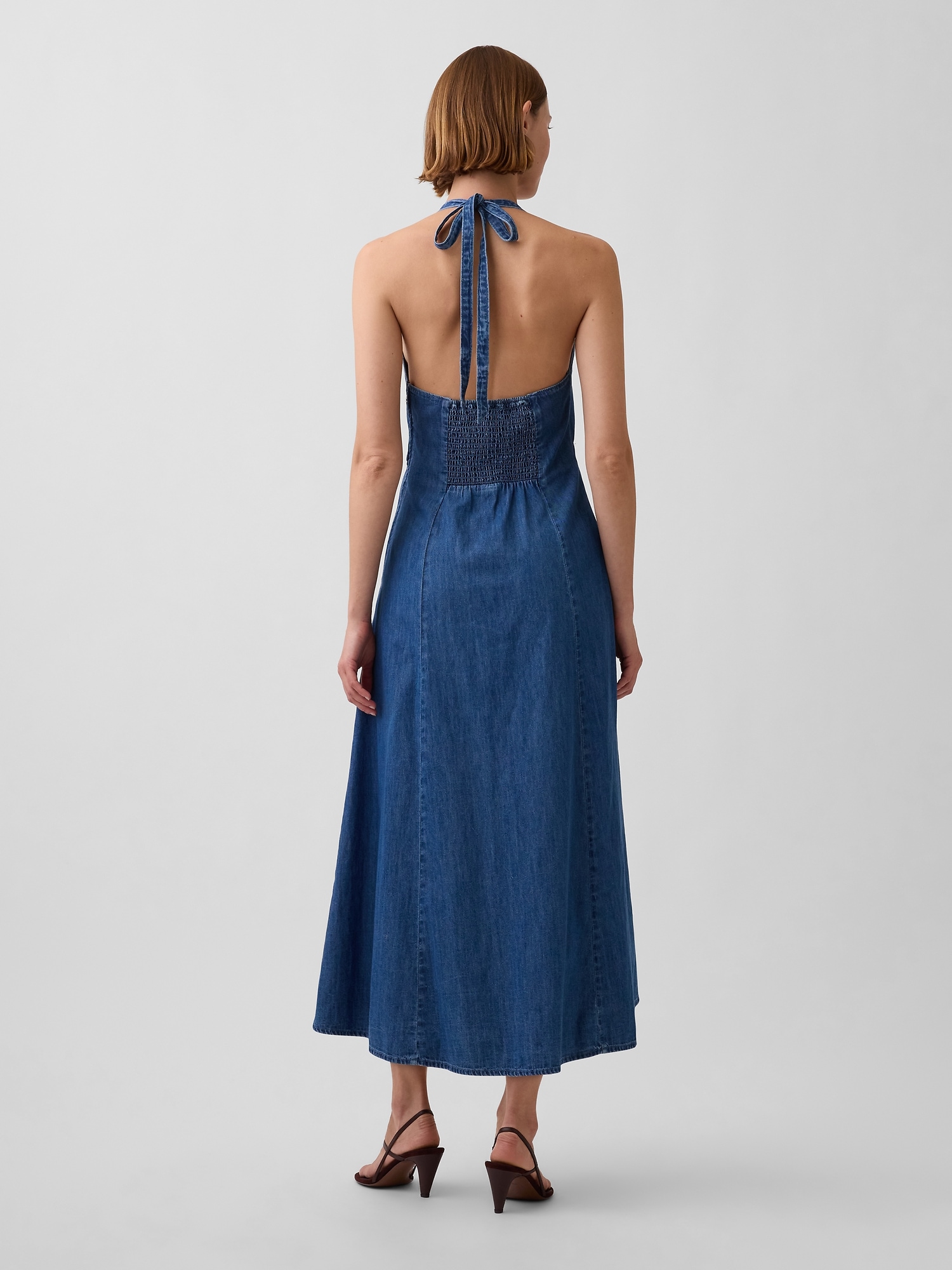 Denim Seamed Halter Maxi Dress