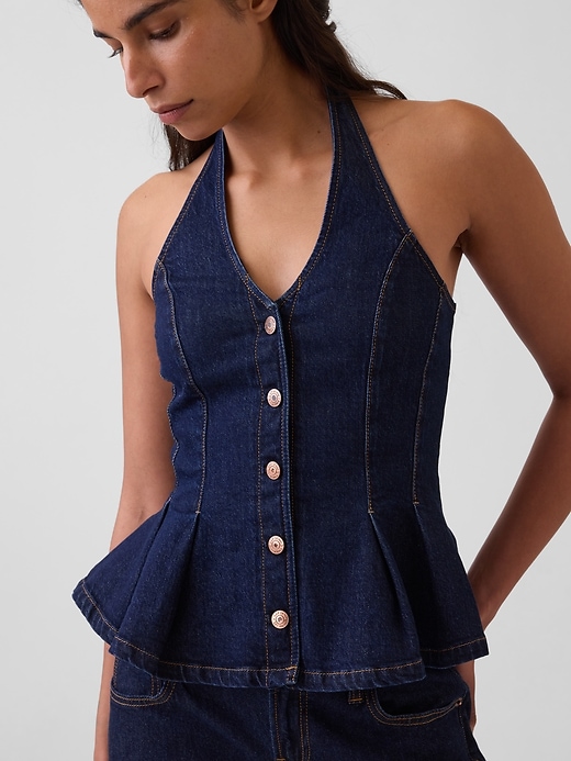 Image number 4 showing, Denim Fitted Halter Peplum Top