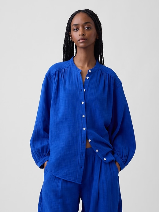 Image number 1 showing, Cotton Gauze Oversized Collarless Shirt