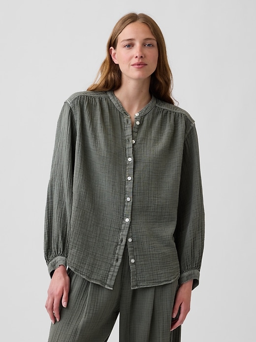 Image number 1 showing, Cotton Gauze Oversized Collarless Shirt