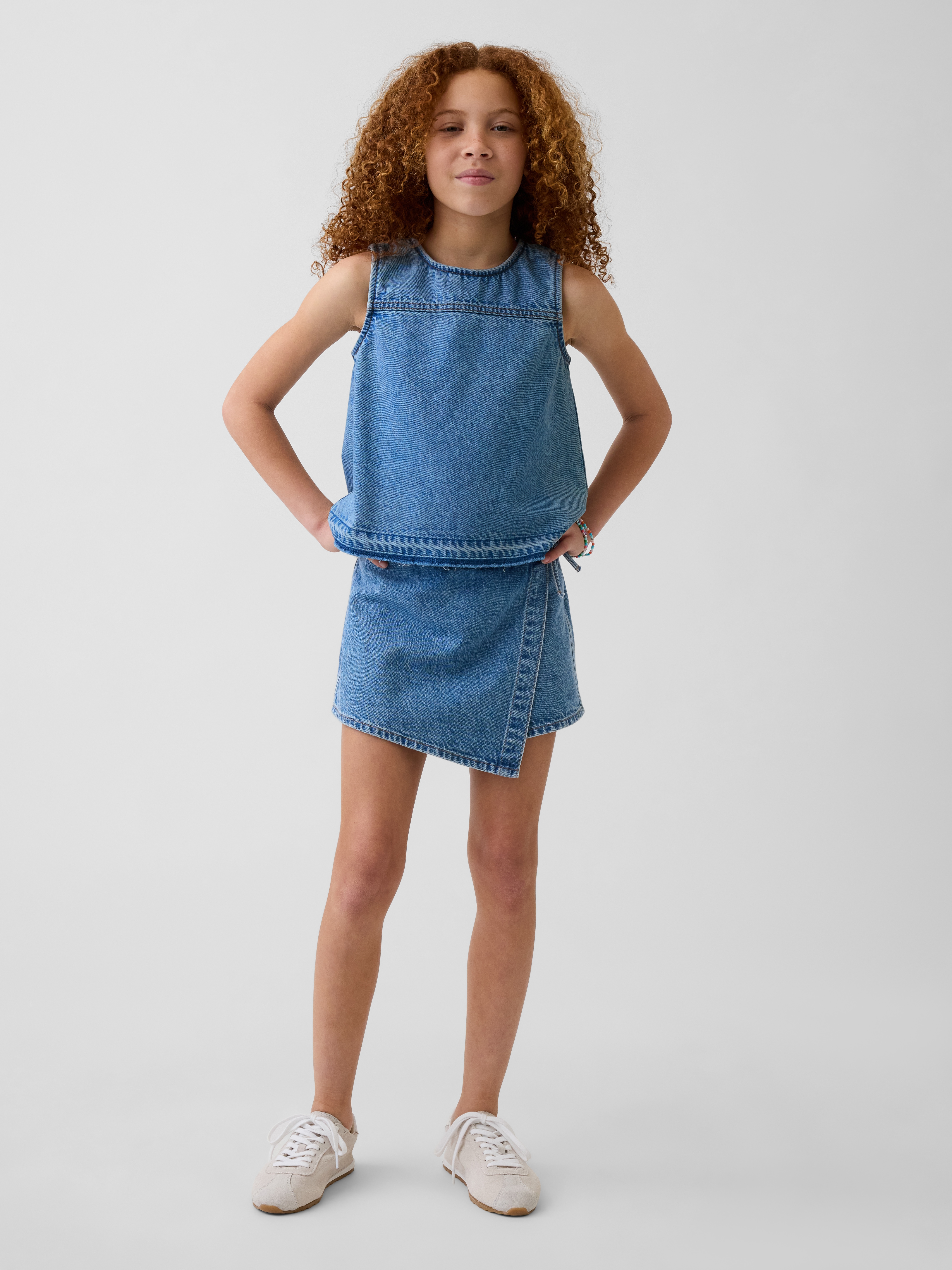 Kids Gingham Denim Wrap-Front Mini Skort