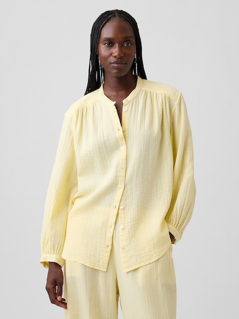 Cotton Gauze Oversized Collarless Shirt