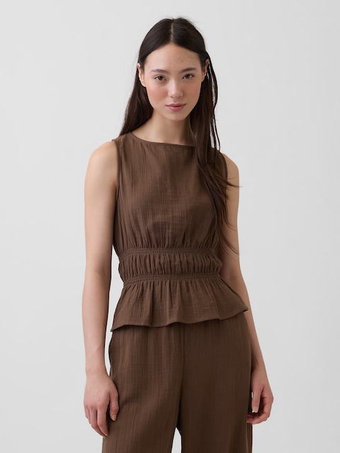 Cotton Gauze Smocked-Waist Peplum Top