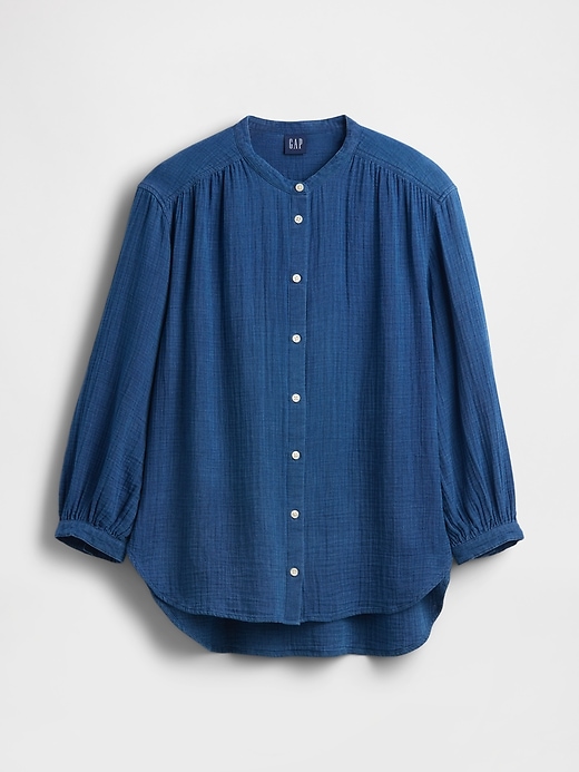 Image number 5 showing, Cotton Gauze Denim Oversized Collarless Shirt