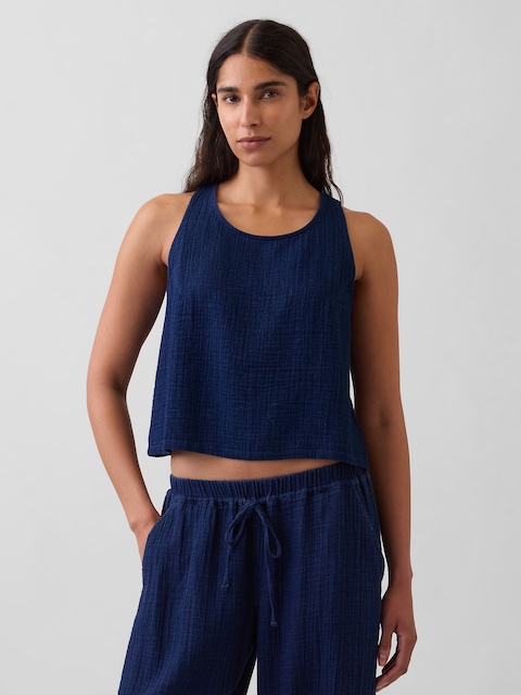 Cotton Gauze Denim Crop Shell Tank Top