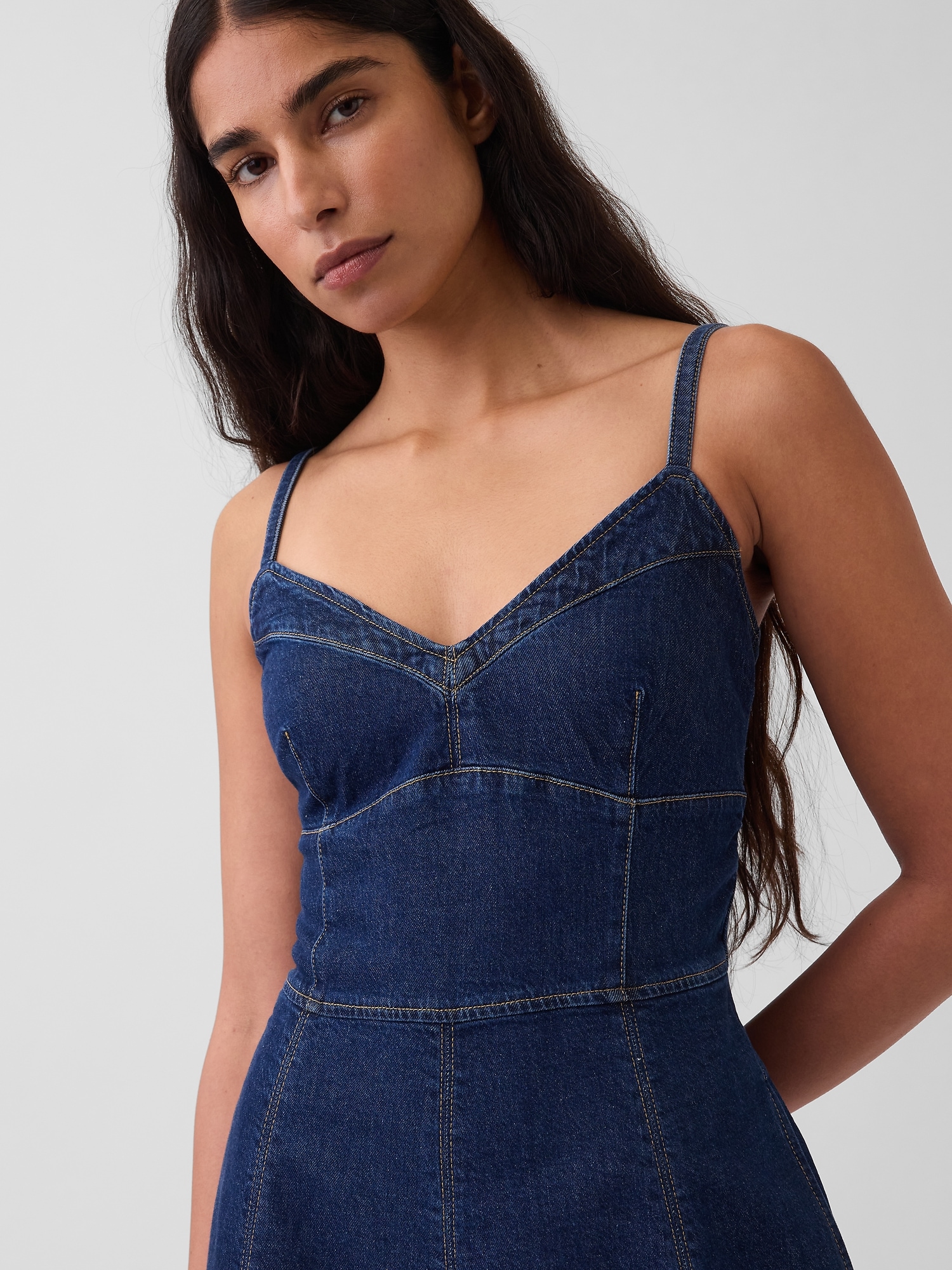 Denim Seamed Corset Maxi Dress