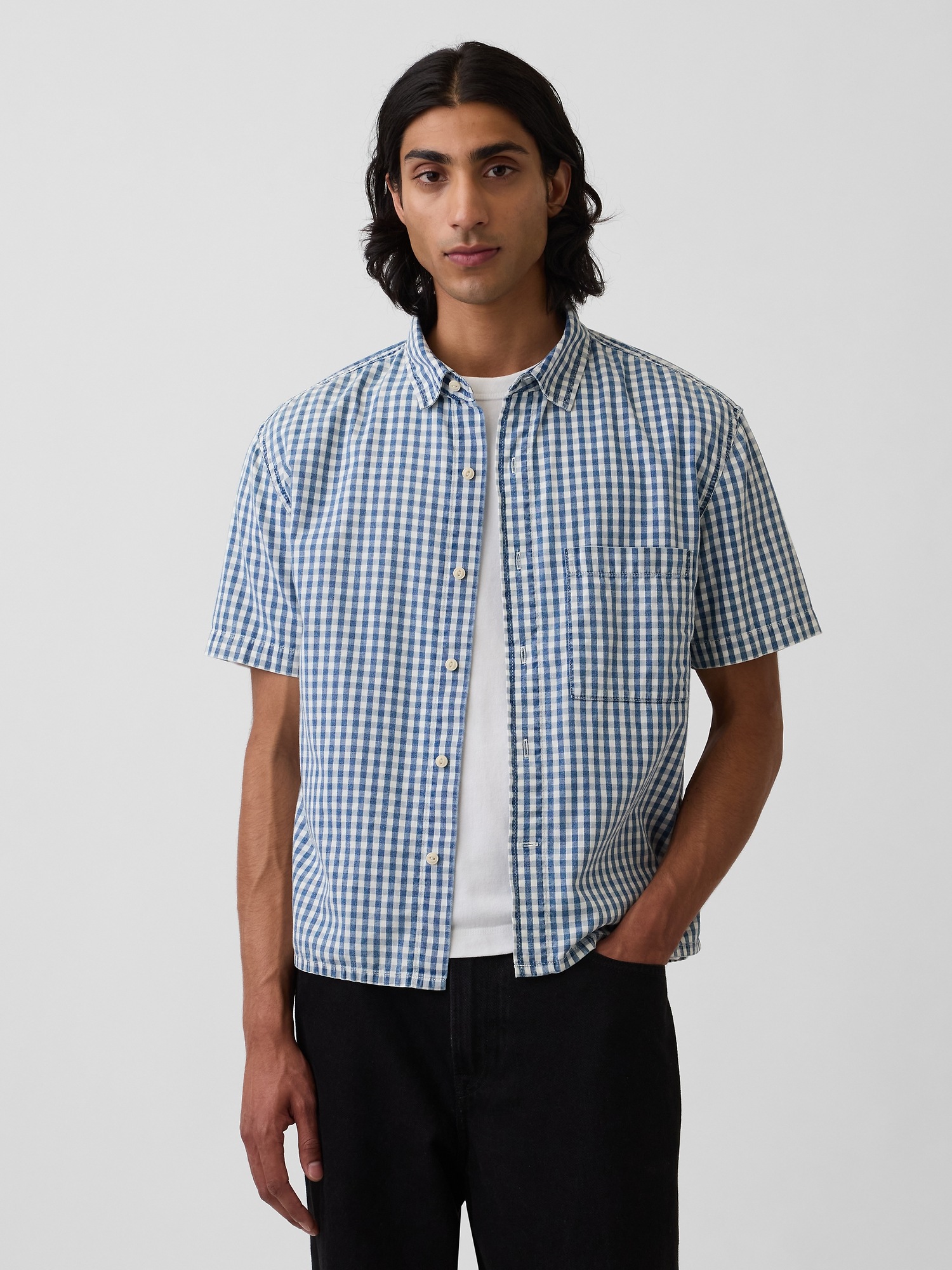 Мужские рубашки Gap Gingham Denim Relaxed Straight-Hem Shirt
