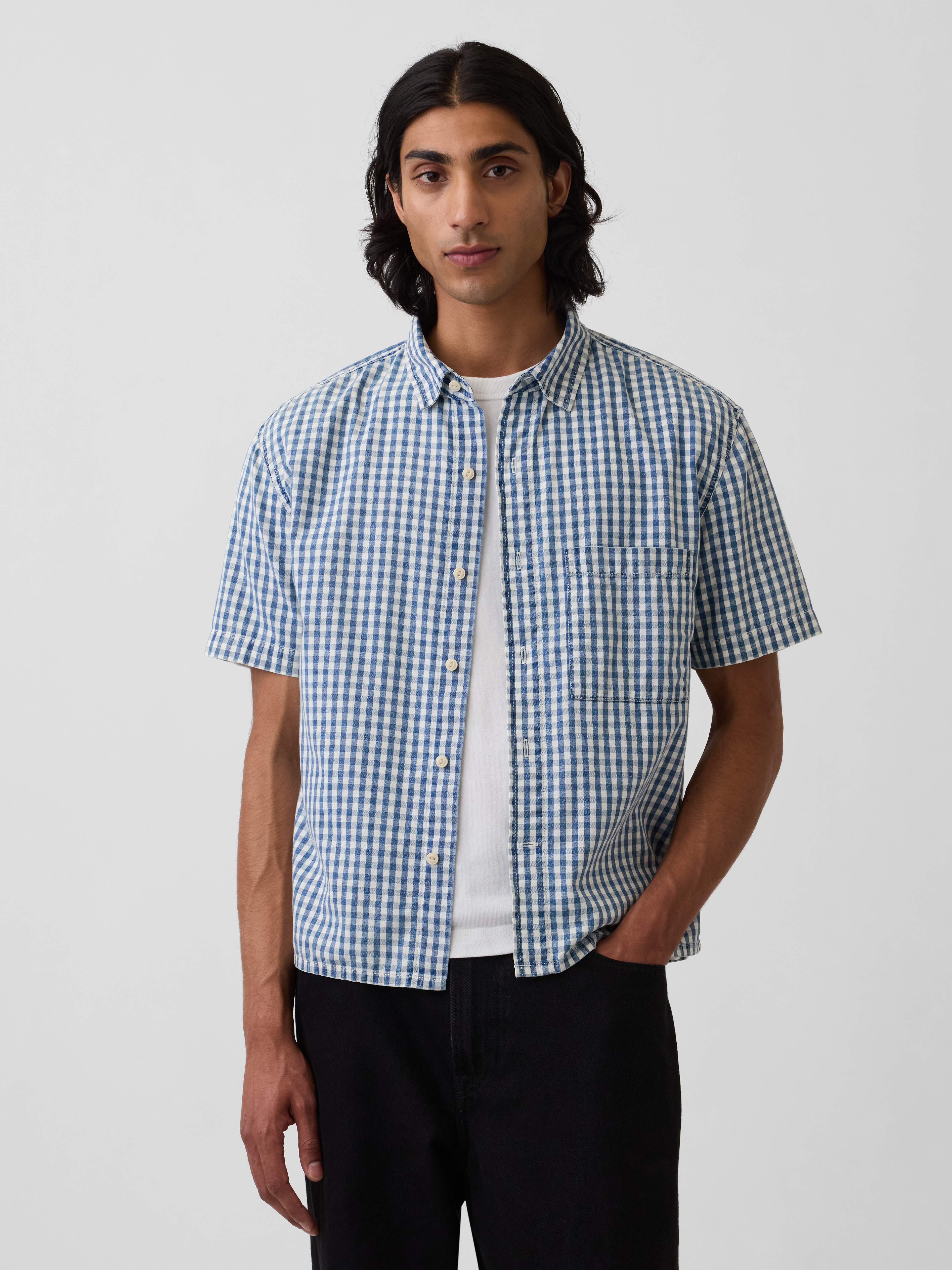 Gingham Denim Relaxed Straight-Hem Shirt
