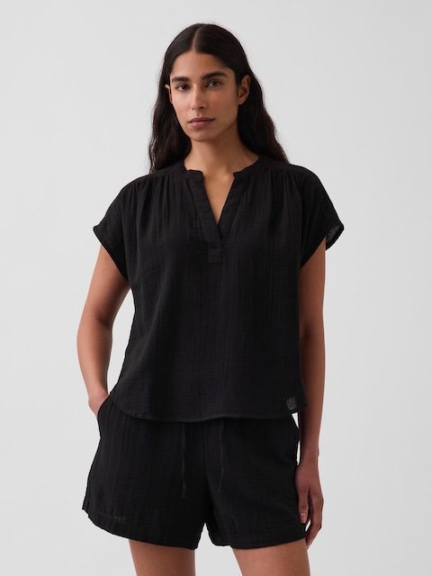 Cotton Gauze Oversized Split-Neck Top