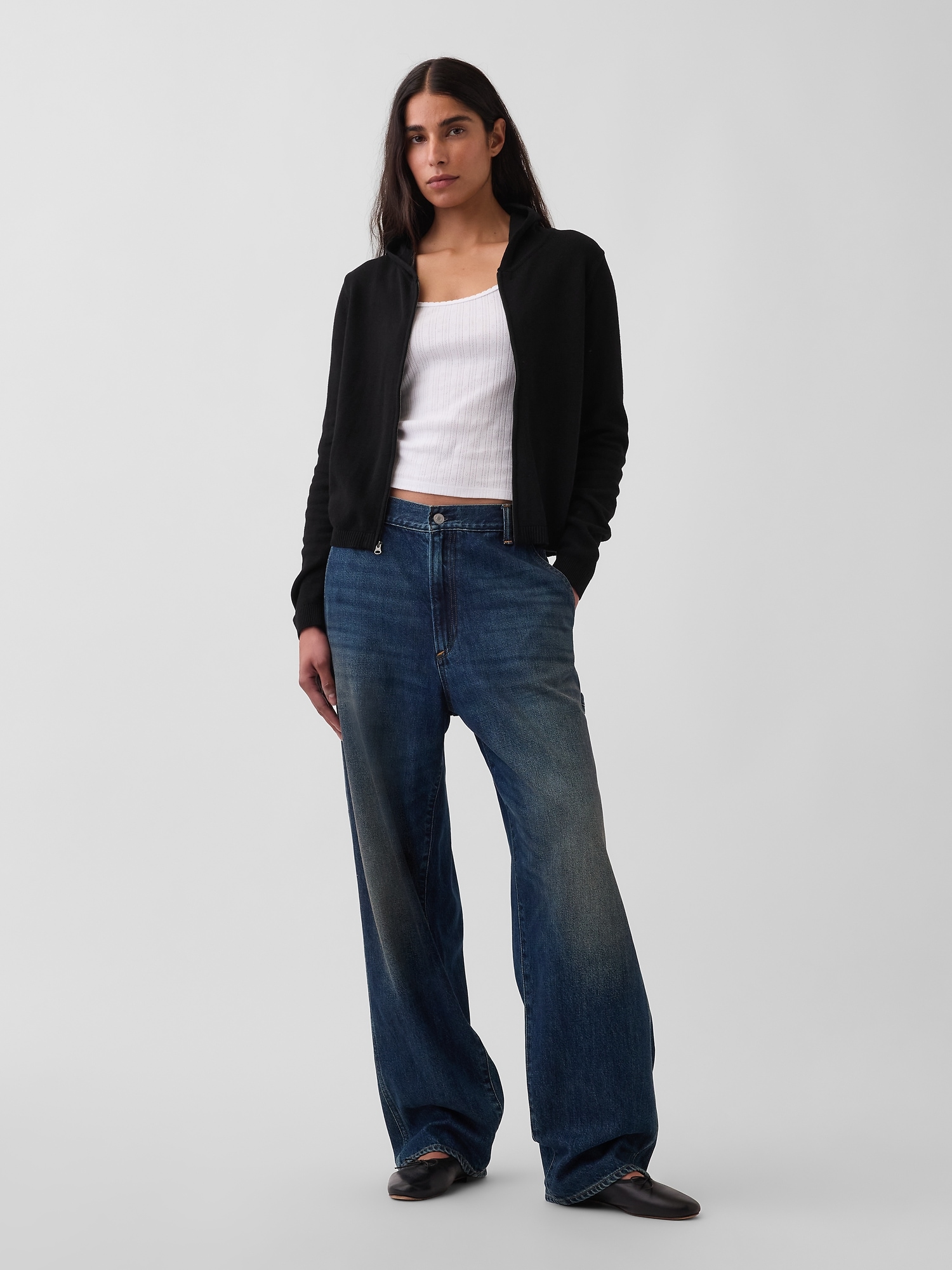 Женское худи Gap 100% Cotton Relaxed Zip, цвет: Чёрный — фото 2