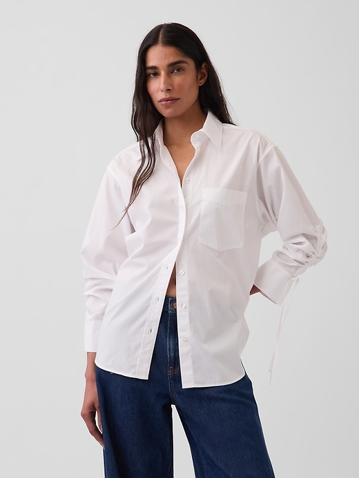 Image number 1 showing, Organic Cotton Poplin Oversized Ruched-Sleeve Shirt