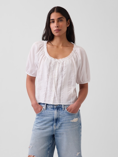 Elbow-Sleeve Crop Pintuck Top
