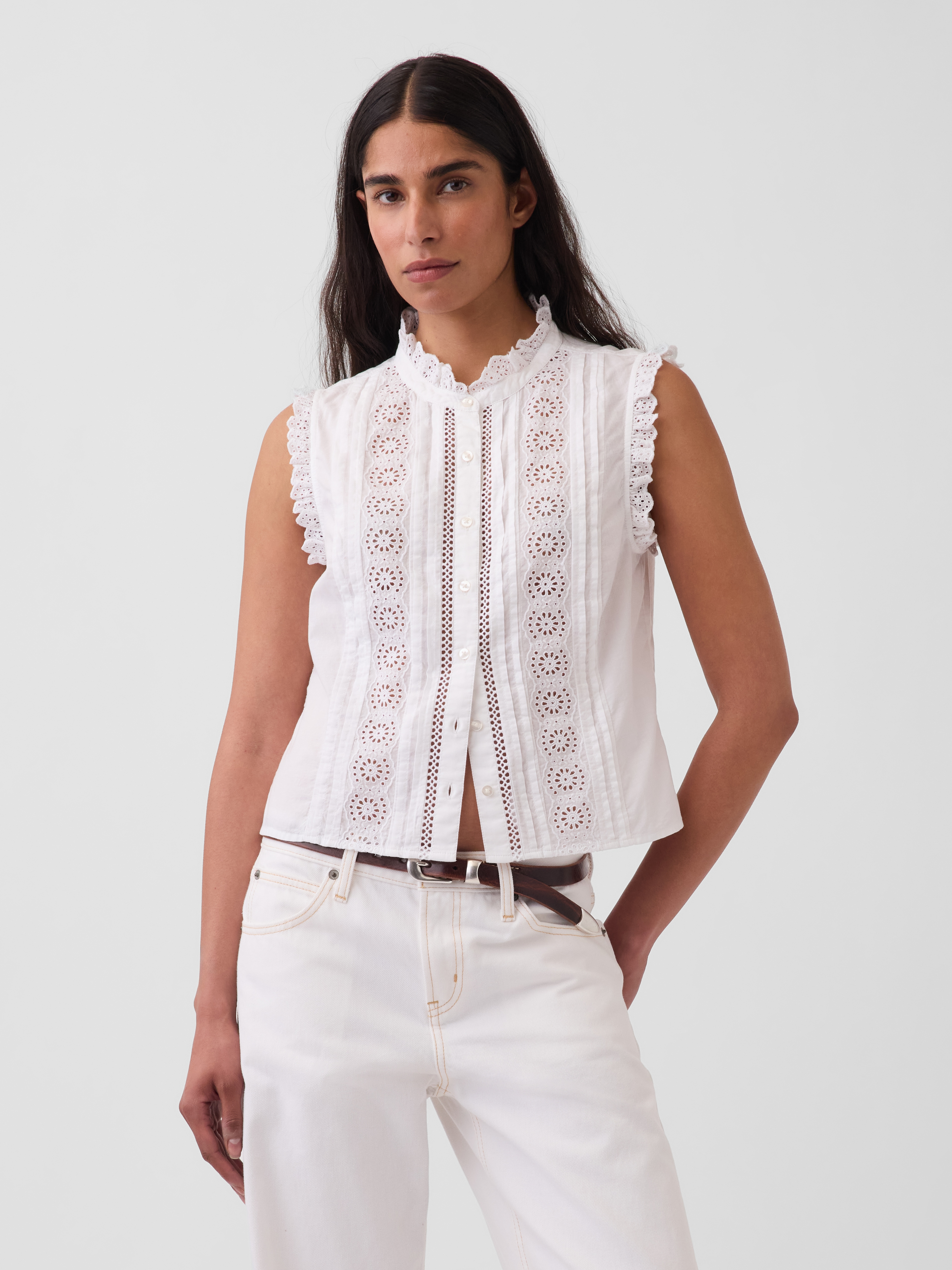Lace-Trim Pintuck Button-Front Top