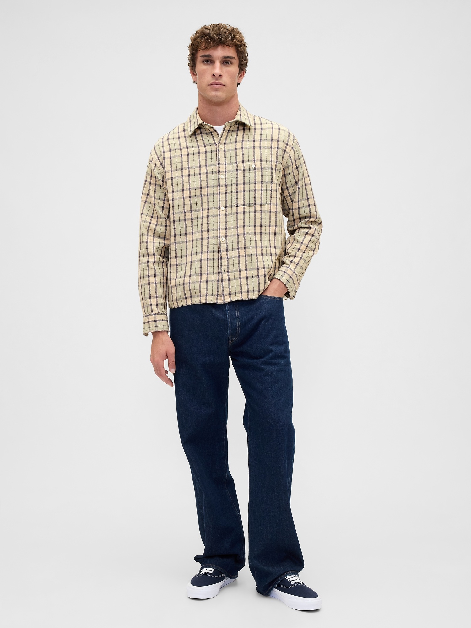 Мужская рубашка Gap Twill Straight-Hem, цвет: Зелёный клетчатый — фото 2