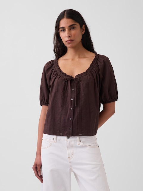 Elbow-Sleeve Crop Pintuck Top