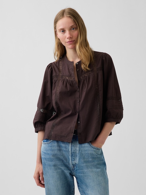 Lace-Trim Button-Front Swing Top