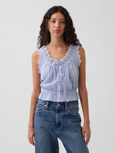 Eyelet Tie-Front Crop Peplum Top