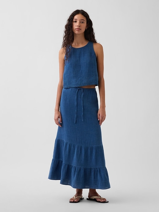 Image number 1 showing, Cotton Gauze Denim Tiered Easy Maxi Skirt