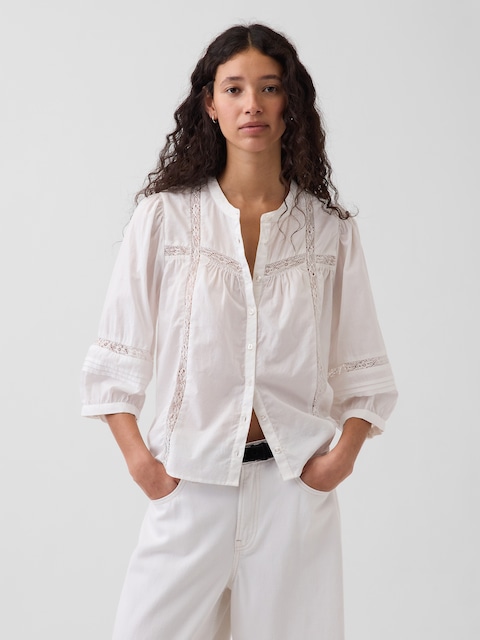 Lace-Trim Button-Front Swing Top