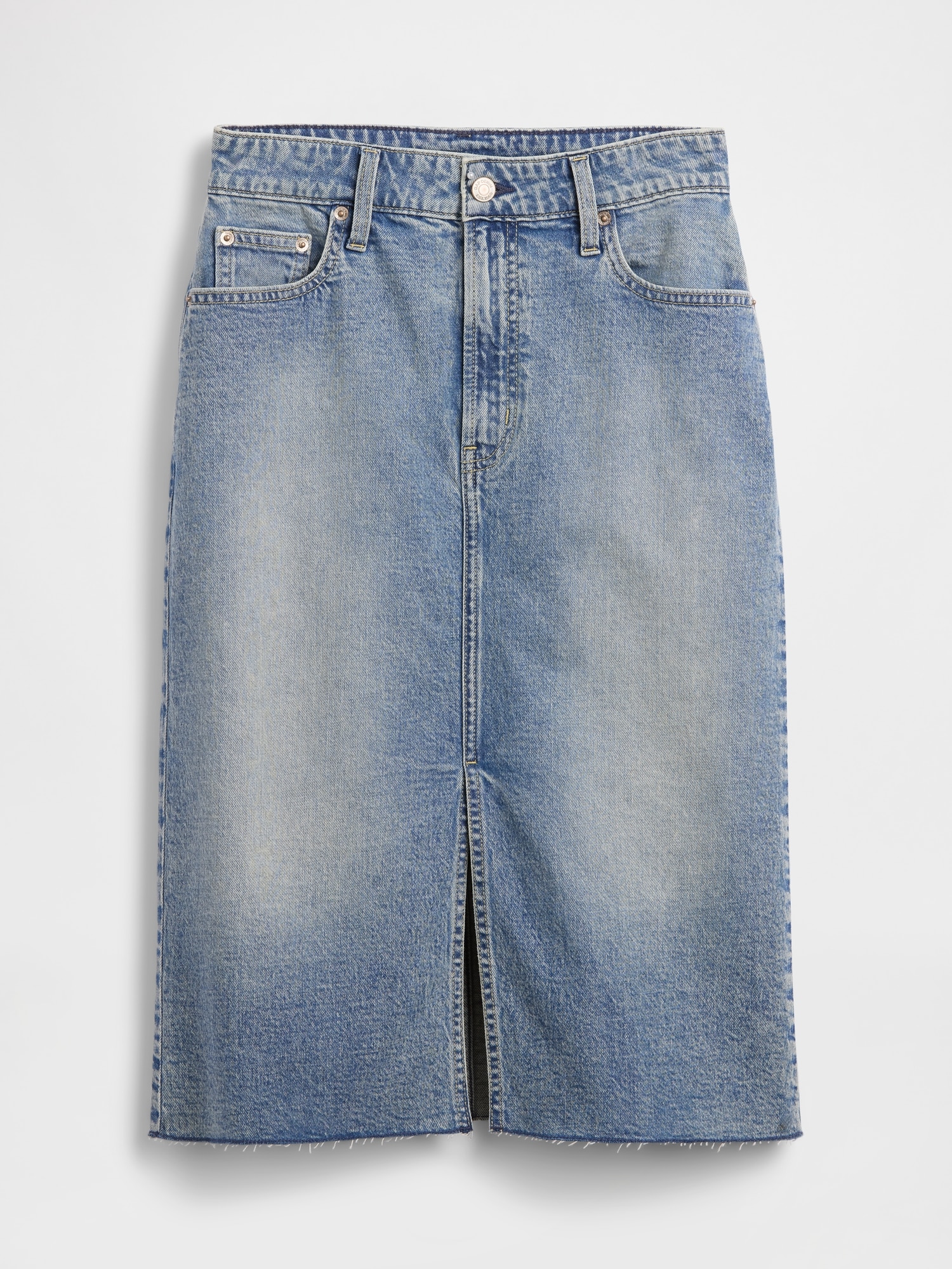 High Rise Denim Midi Pencil Skirt
