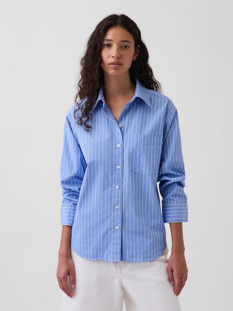 Organic Cotton Poplin Oversized Ruched-Sleeve Shirt
