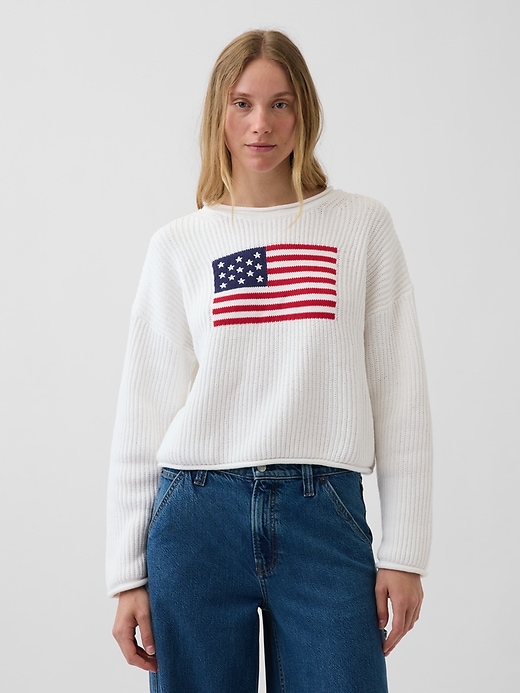 Image number 1 showing, 100% Cotton Oversized Americana Crop Sweater