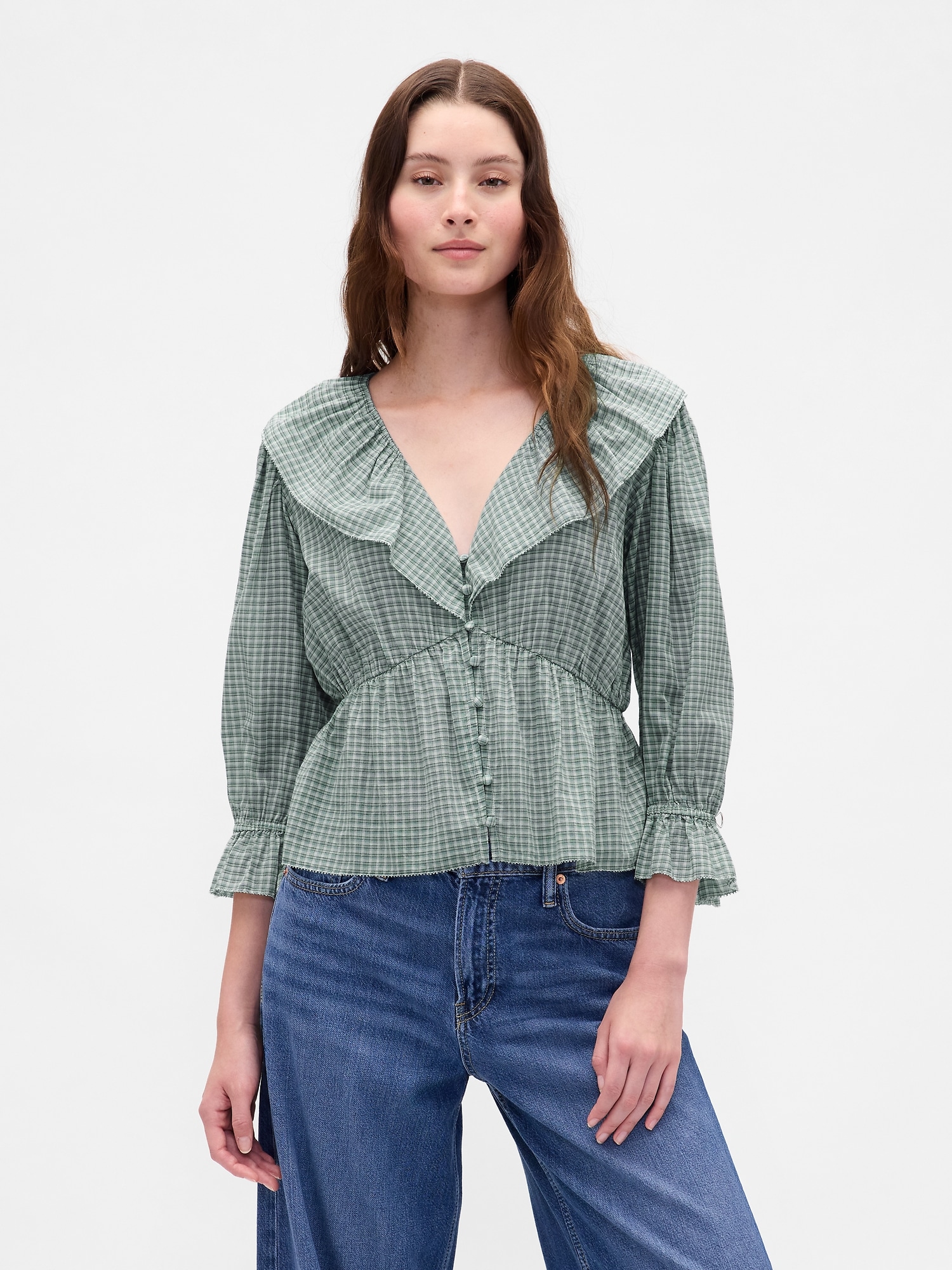 Ruffle Collar V-Neck Top