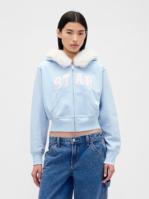 GAP×Sandy Liang ヴィーガンファーのハーフジッププルオーバー Gap × Sandy Liang Vegan Fur-Trim Crop Zip Hoodie | Gap