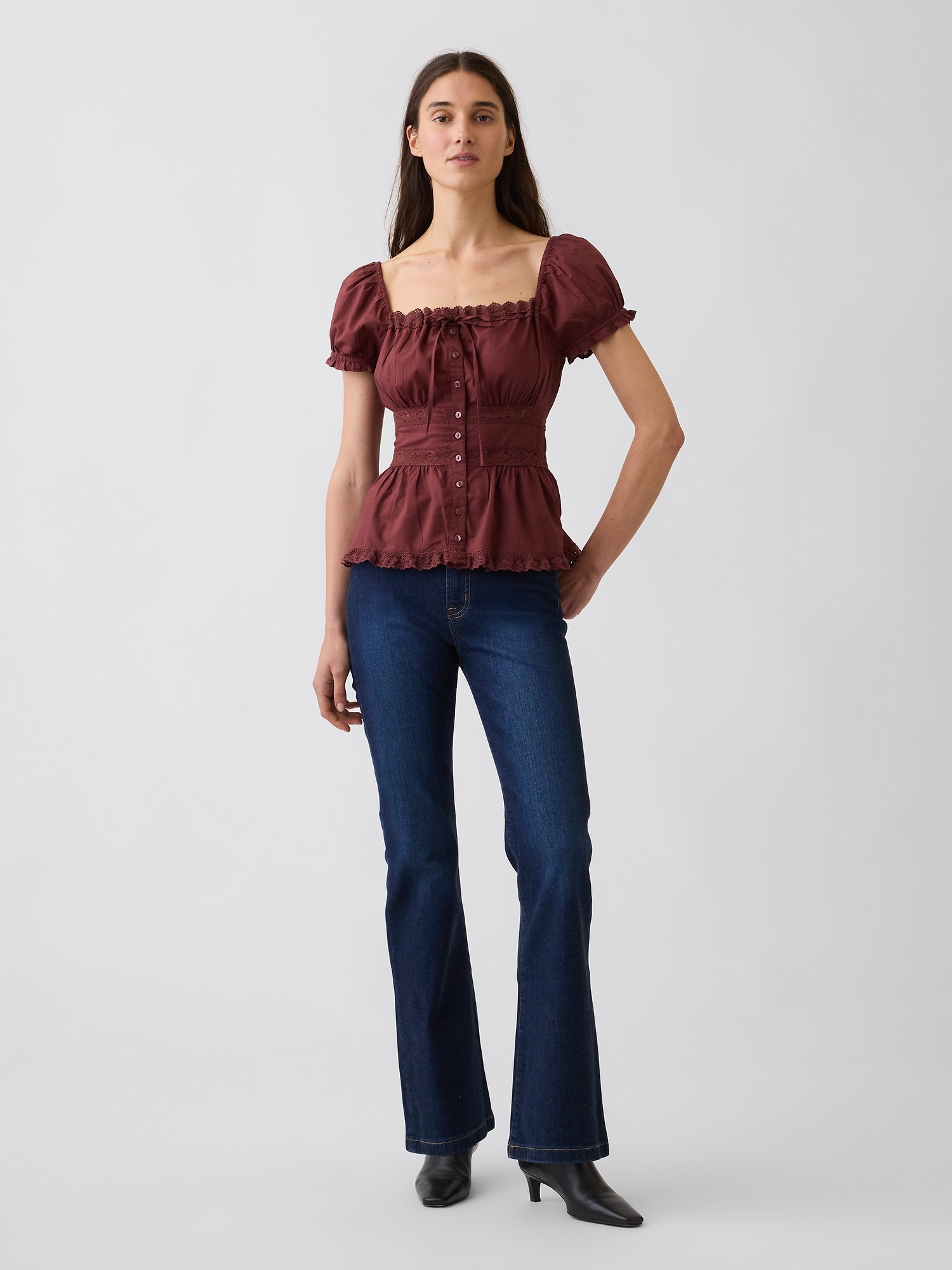 Женский топ Gap Square-Neck Lace-Trim Peplum Top, цвет: Красный коричневый — фото 2