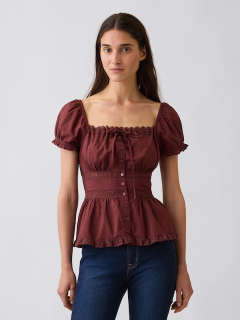 Square-Neck Lace-Trim Peplum Top