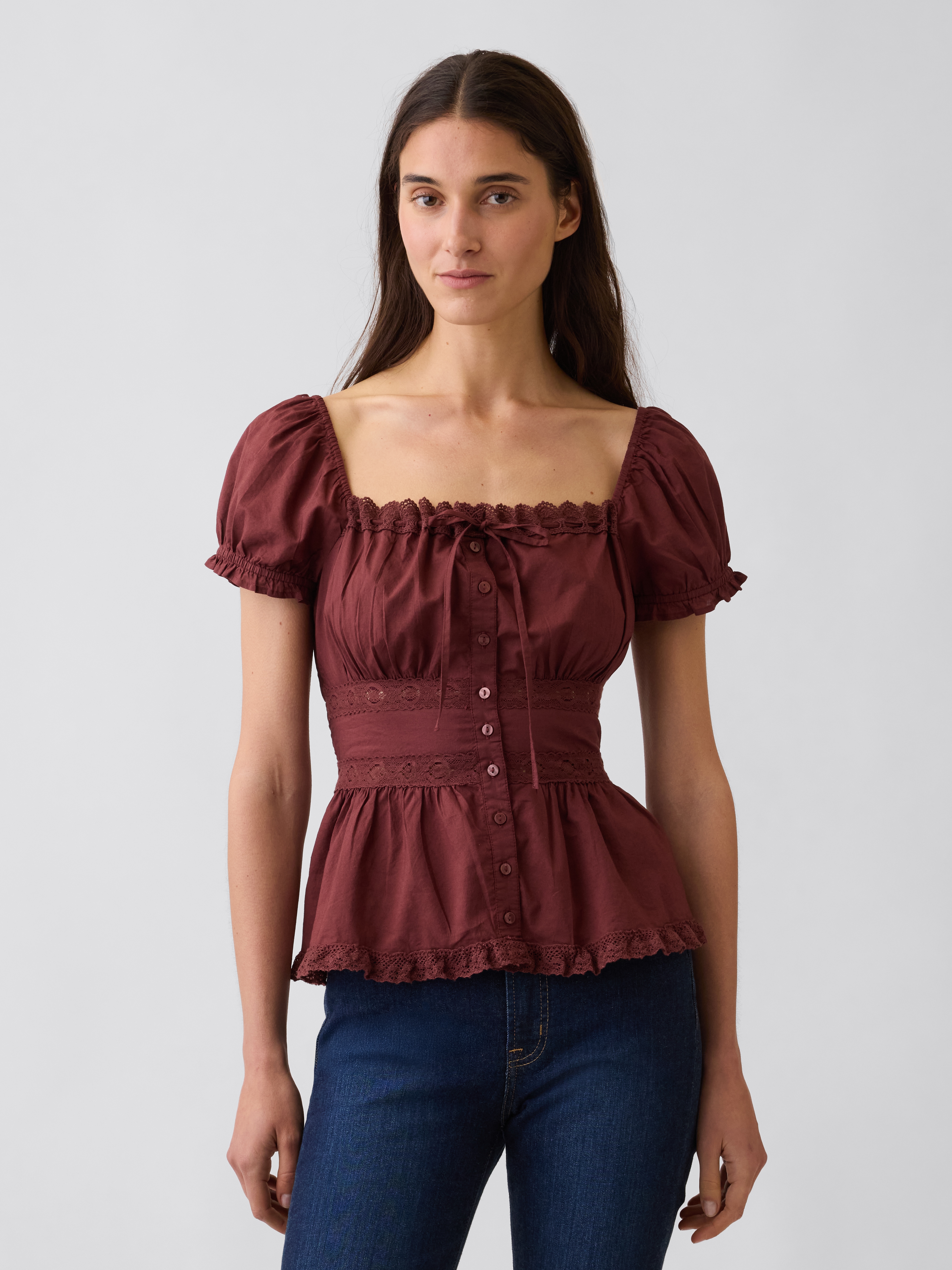 Square-Neck Lace-Trim Peplum Top