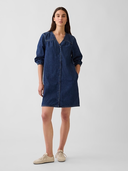 Image number 1 showing, Denim V-Neck Shift Mini Dress