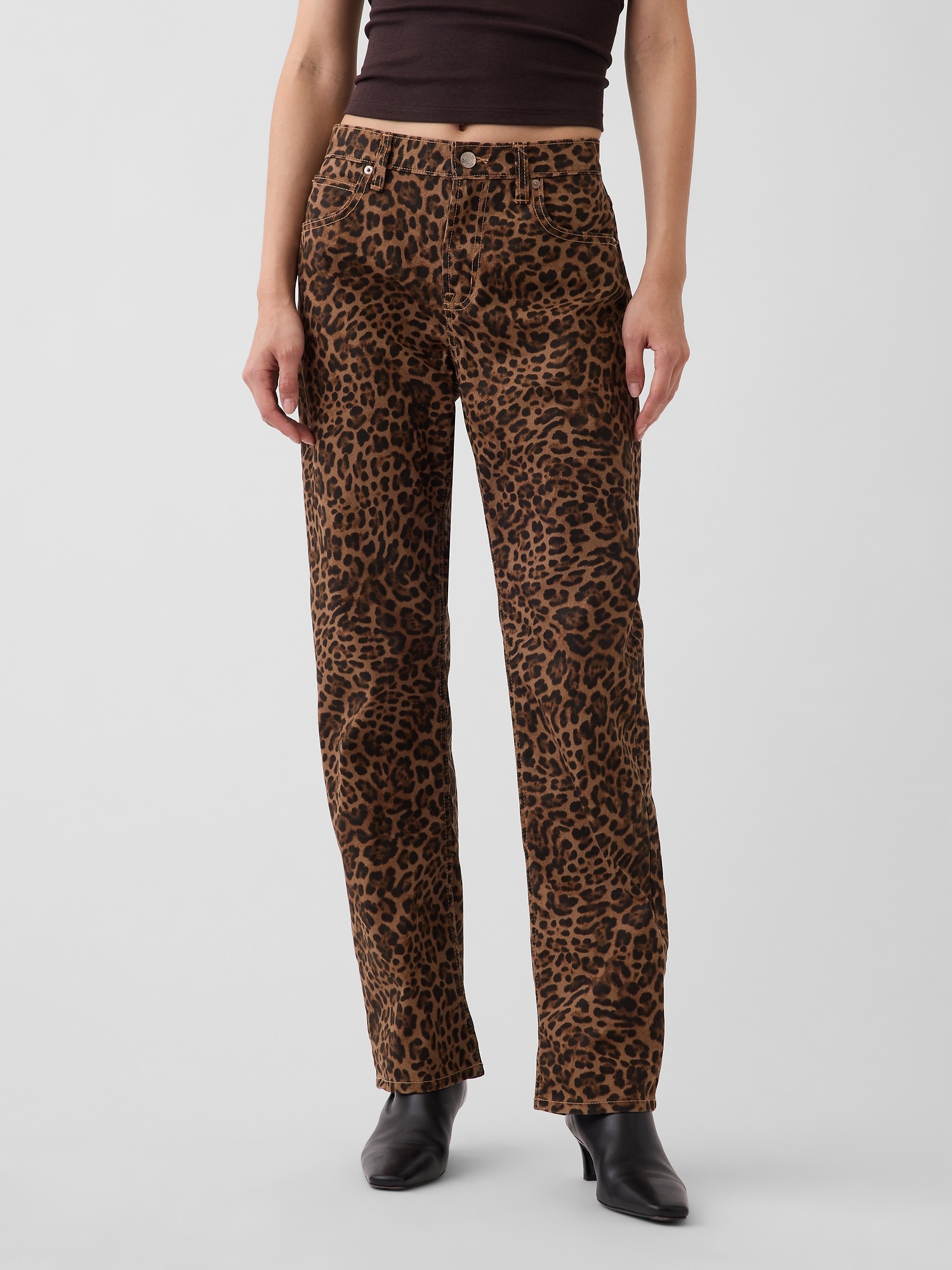 Mid Rise Straight Taper Leopard Jeans
