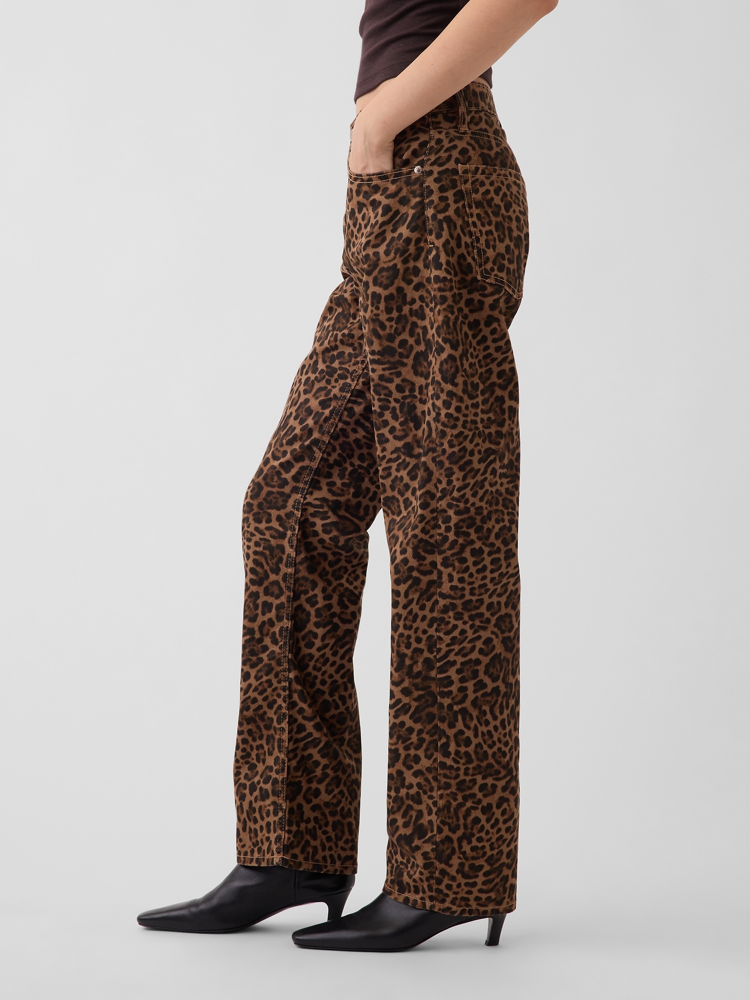 Mid Rise Straight Taper Leopard Jeans