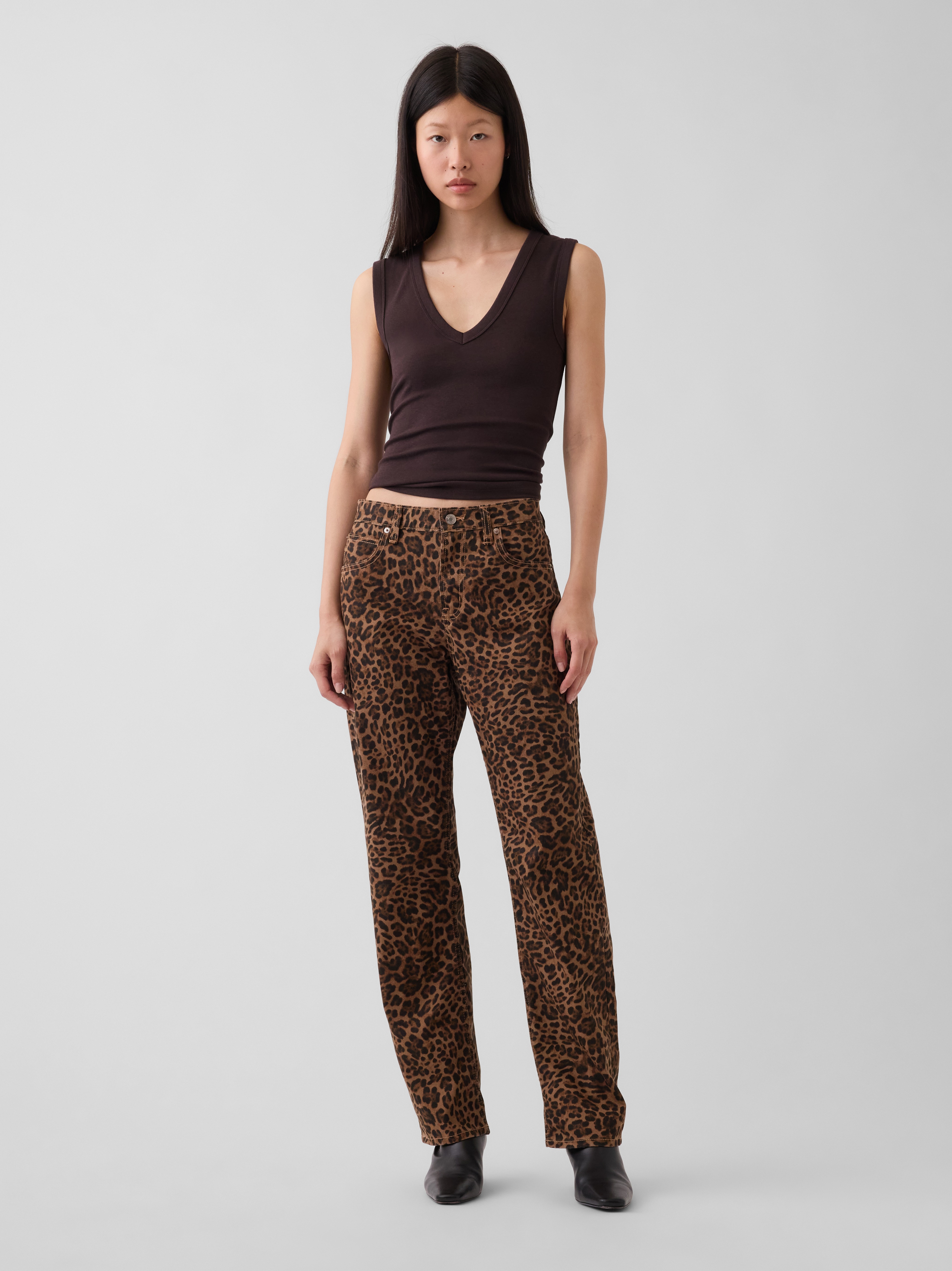 Mid Rise Straight Taper Leopard Jeans