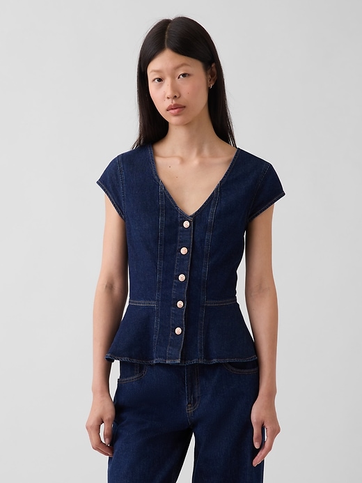 Image number 1 showing, Denim Fitted Cap-Sleeve Peplum Top
