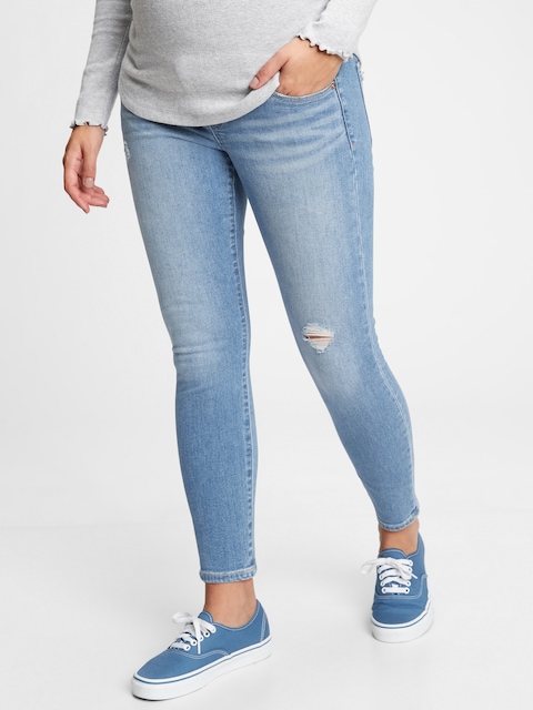 Maternity True Waistband Full Panel Destructed Skinny Ankle Jeans